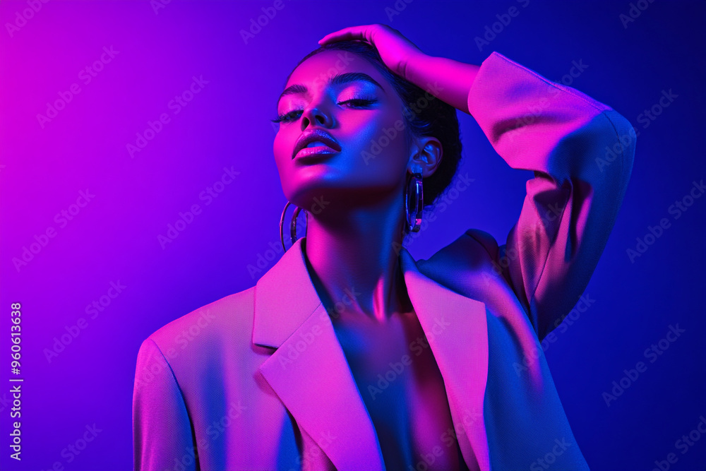 Trendsetting Womans Beige Suit with Solid Neon Purple Chic Lifestyle Portrait Background Trendsetting Womans Beige Suit with Solid Neon Purple Chic Lifestyle Portrait Background
