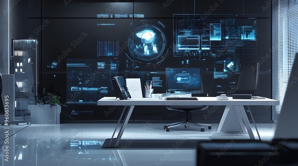 Remote working space with high-tech equipment, depicting the future of work. Remote working space with high-tech equipment, depicting the future of work.