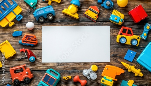 A Frame of Colorful Toys Surrounding a White Sheet of Paper photo