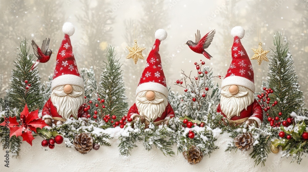 Whimsical Christmas Gnomes Among Festive Decorations in Coorfu Snowscape Whimsical Christmas Gnomes Among Festive Decorations in Coorfu Snowscape