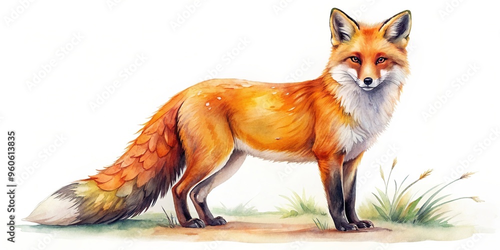 Obraz premium cute, intricate, isolated, orange, Watercolor painting of a charming and vibrant orange fox in its natural habitat depicted with intricate details isolated on a white background