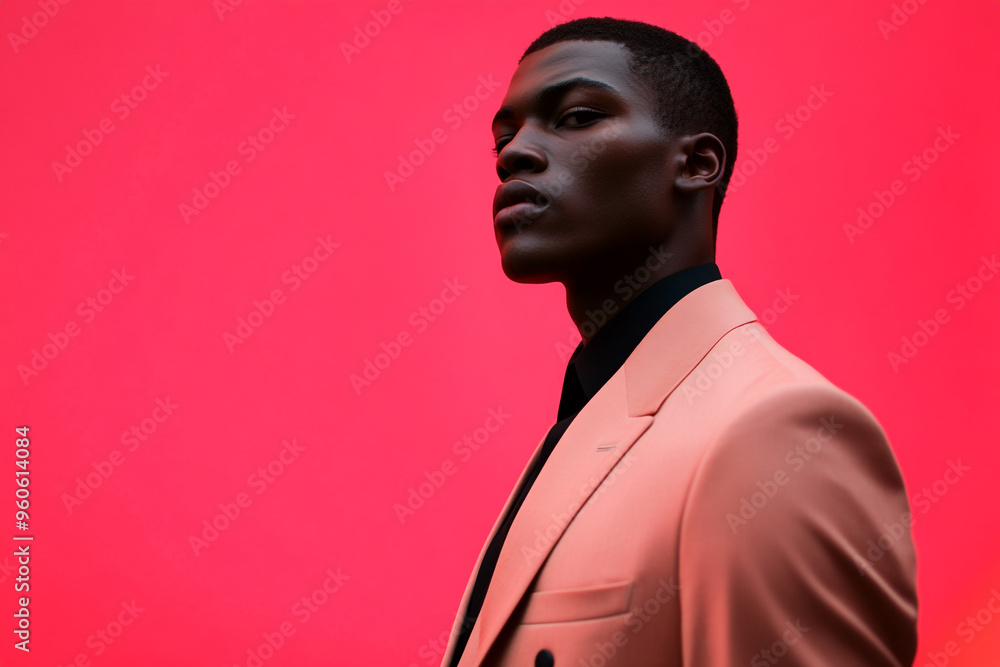 Obraz premium Chic Mens Light Brown Suit with Solid Neon Coral Fashionable Modern Lifestyle Portrait Background
