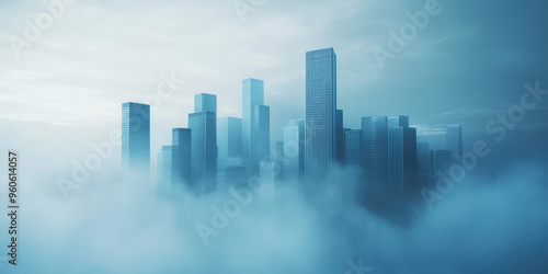 A modern city with skyscrapers surrounded by gloom and fog. Ominous metropolis, air pollution