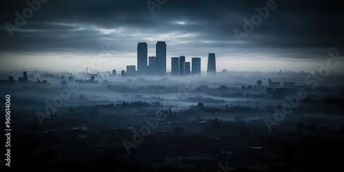 A modern city with skyscrapers surrounded by gloom and fog. Ominous metropolis, air pollution