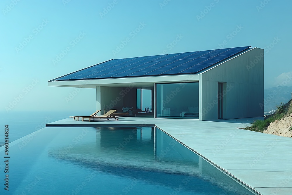 Fototapeta premium Modern house with solar panels on the roof and a pool overlooking the ocean.