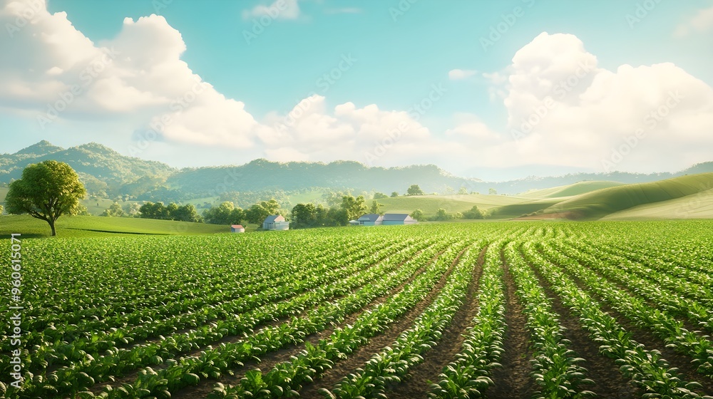 Organic farm, lush green fields with crops, 3D illustration Organic farm, lush green fields with crops, 3D illustration