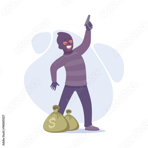 Man Criminal with Handgun and Sack of Money Commit Crime and Theft Vector Illustration