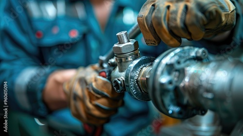 Close-up macro shot of a plumber working on a metal joint with tools in a workshop setting