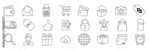 E commerce icons set, Included icons as Barcode, Box, Clock, Price Tag and more symbols collection, logo isolated vector illustration