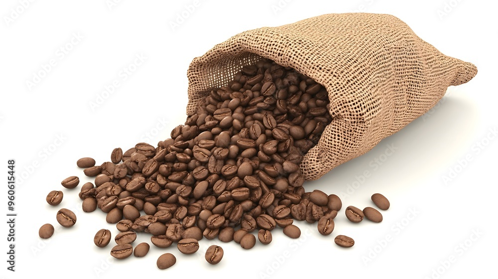 Fototapeta premium Organic coffee beans, spilling from burlap sack, 3D illustration