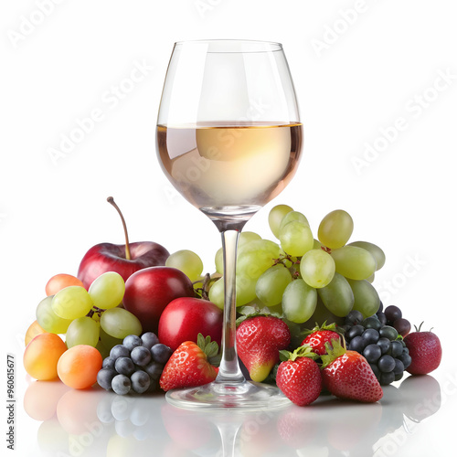 a glass of white wine with fruits aside- on a white