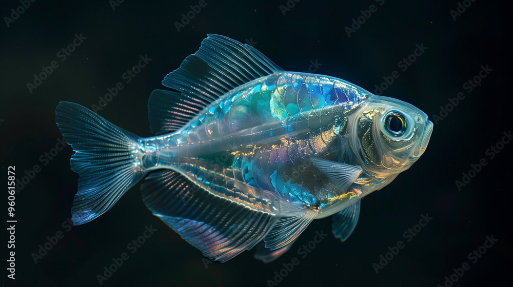 Fototapeta premium Vibrant iridescent fish with translucent fins swimming in dark waters.