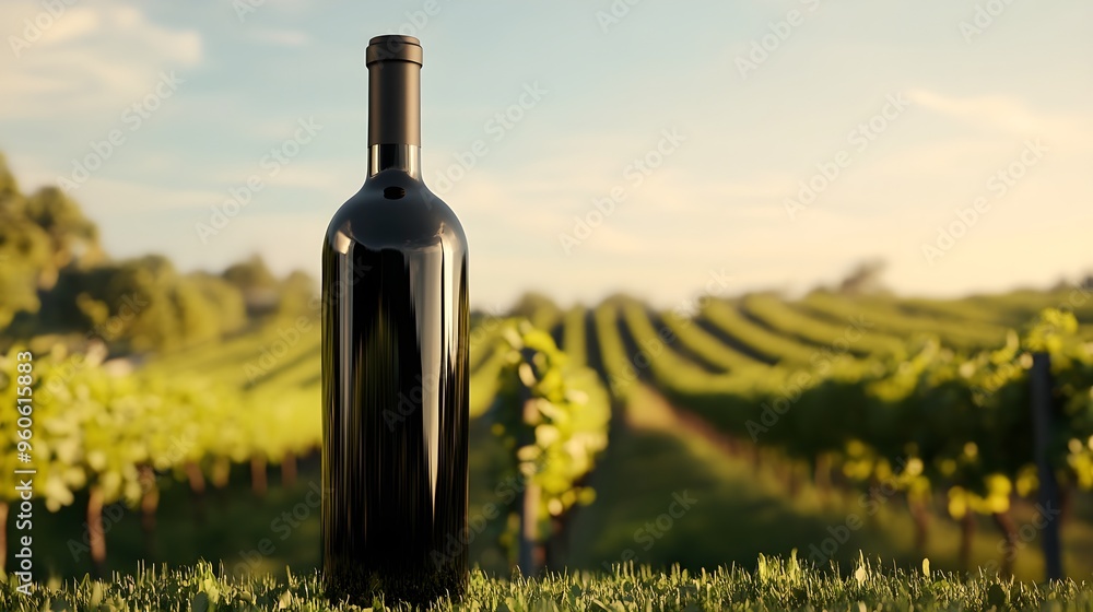 Fototapeta premium Organic wine bottle, with vineyard background, 3D illustration