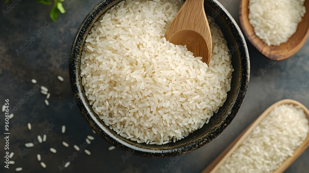 Organic rice, in a bowl with wooden spoon, 3D illustration Organic rice, in a bowl with wooden spoon, 3D illustration