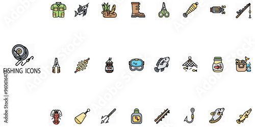 Fishing concept 24 colour icons set.Contain such  Fish-hook,skeleton, fishing line, fisherman, sea, pond, catch, hook, float, hook, underwater creature, perch etc .Vector illustration.