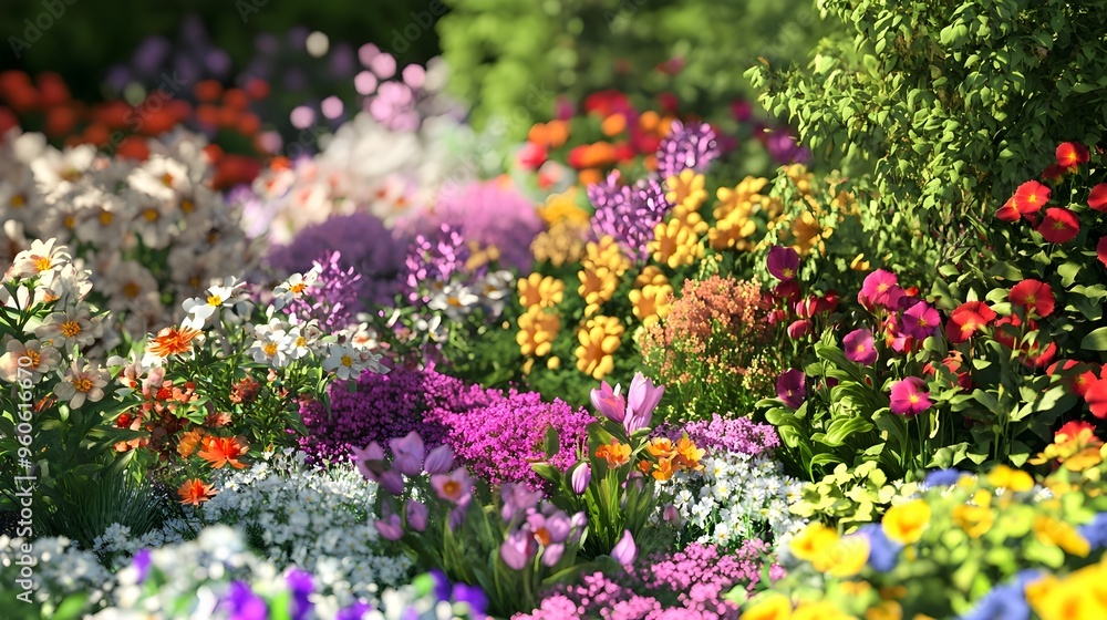 Organic flower garden, vibrant blooms in full array, 3D illustration Organic flower garden, vibrant blooms in full array, 3D illustration