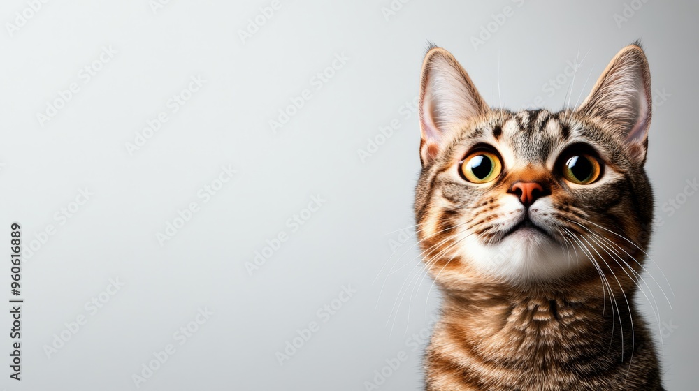 Close-up of an alert tabby cat with expressive eyes looking up against a plain background. Perfect for pet-related designs and projects. Close-up of an alert tabby cat with expressive eyes looking up against a plain background. Perfect for pet-related designs and projects.