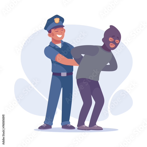 Man Criminal Arrested by Policeman Commit Crime and Theft Vector Illustration