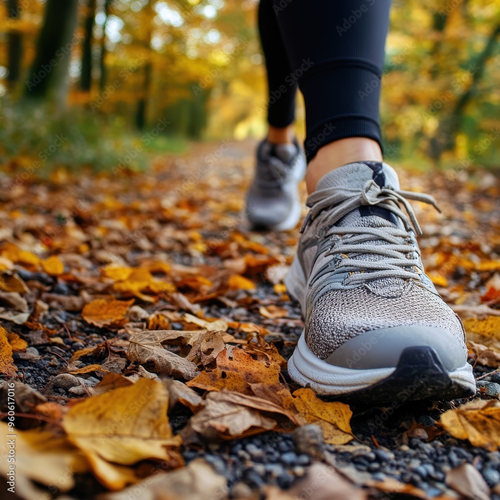 Autumn Adventure: Running Shoes on Trail Path Covered with Scattered Leaves Autumn Adventure: Running Shoes on Trail Path Covered with Scattered Leaves
