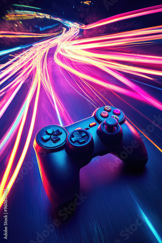 Video game controller 3d wallpaper, bright neon light streaks. Computer gaming background with copy space. 