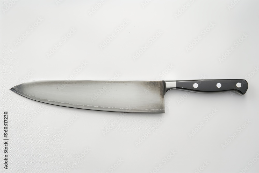 Large stainless steel chef s knife on white background seen from above Large stainless steel chef s knife on white background seen from above