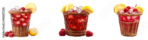 Set, collection of a basket holding a glass of red raspberry cocktail with lemon wedges isolated on transparent background.