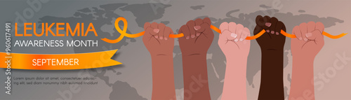Leukemia Awareness Month. Long horizontal banner with diverse hands holding an orange ribbon and space for text.  Vector flat illustration.