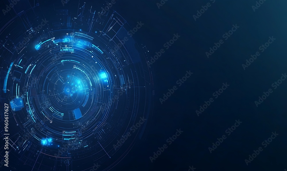 Fototapeta premium A blue technology circle with a bright light in the center. 