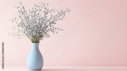 Wallpaper Mural A simple and elegant display of delicate white flowers arranged in a soft blue vase, set against a calming pastel pink background. Perfect for concepts of minimalism, tranquility, and interior design  Torontodigital.ca