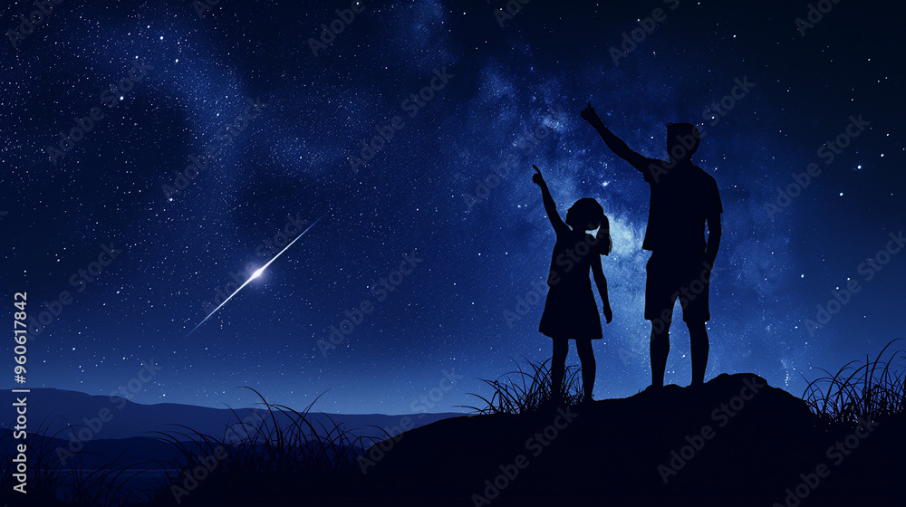 Father and daughter stargazing under a clear night sky, shooting star and constellation, magical moment of bonding, nature, outdoor adventure, family connection, and celestial wonder Father and daughter stargazing under a clear night sky, shooting star and constellation, magical moment of bonding, nature, outdoor adventure, family connection, and celestial wonder
