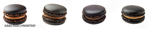 Set, collection of a black macaron with brown filling isolated on transparent background.