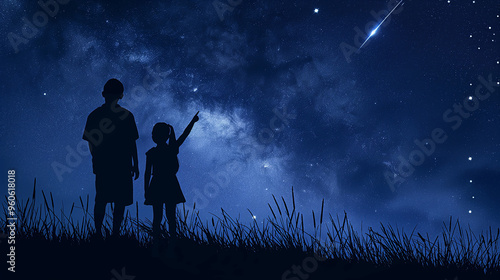 Father and daughter stargazing under a clear night sky, shooting star and constellation, magical moment of bonding, nature, outdoor adventure, family connection, and celestial wonder photo