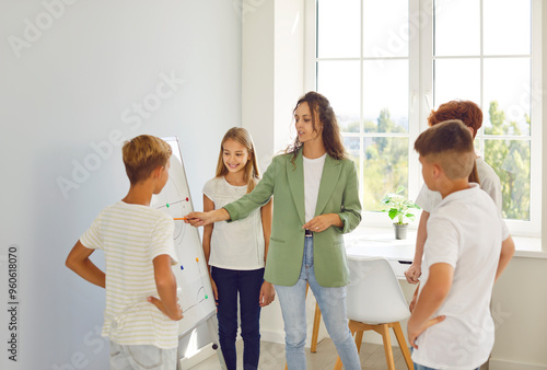 Teacher showing stand board for school children lesson, pre-teens, teenagers talking with teacher circle standing. Activity and adult advisor helping in education, students during class in classroom photo