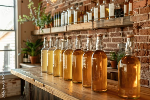 Row of Chic Glass Kombucha Bottles on Wooden Counter in Trendy Café Setting