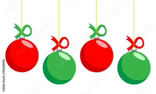Green and Red Christmas baubles on a string with a ribbon isolated on a transparent background