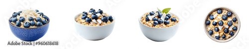 Set, collection of a bowl of oatmeal with blueberries and coconut shavings isolated on transparent background.