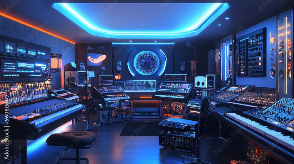 A modern music studio filled with a variety of electronic instruments. A modern music studio filled with a variety of electronic instruments.