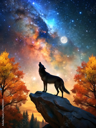 A lone wolf howls on a rock in autumn at night against the background of a starry sky