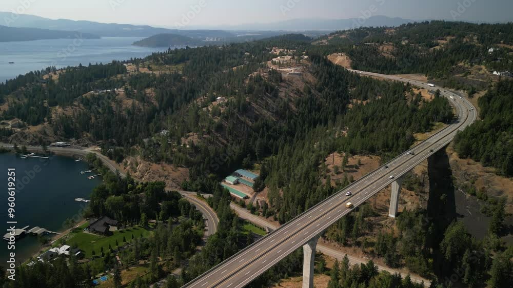 Aerial of elevated bridge on highway 90 next to lake Coeur Dalene in northern Idaho in summer Aerial of elevated bridge on highway 90 next to lake Coeur Dalene in northern Idaho in summer