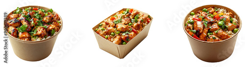 Set, collection of a container of chicken and rice in a brown paper container isolated on transparent background.