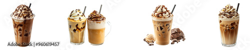 Set, collection of a cup of iced coffee with ice cream and a chocolate isolated on transparent background.