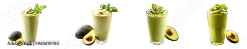 Set, collection of a fresh avocado smoothie in a glass isolated on transparent background.