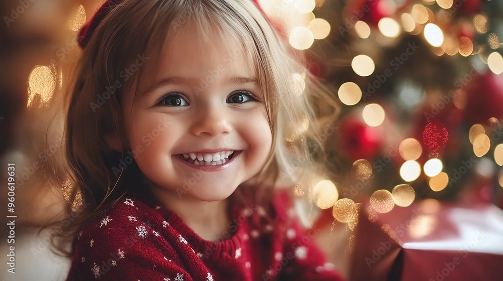 A little girl near the Christmas tree is happy for the holiday A little girl near the Christmas tree is happy for the holiday