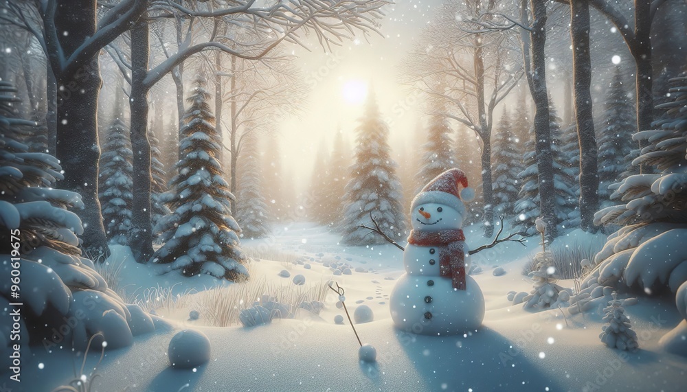Fototapeta premium A snowman in the forest during a snowfall on Christmas Eve