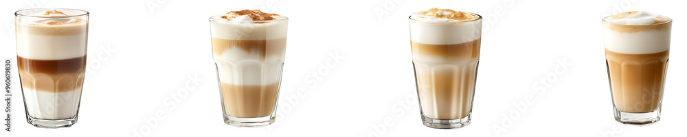Set, collection of a glass of coffee with milk and foam isolated on transparent background. Set, collection of a glass of coffee with milk and foam isolated on transparent background.