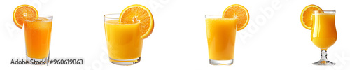 Set, collection of a glass of orange juice garnished with an orange isolated on transparent background.