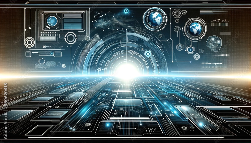 Digital art concept of futuristic interface with various abstract technology elements (screens, graphs, dials and diagrams) Digital art concept of futuristic interface with various abstract technology elements (screens, graphs, dials and diagrams)