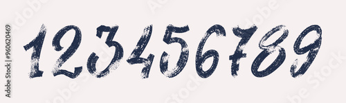 Set of brush stroke, marker textured numbers. Numbers 1, 2, 3, 4, 5, 6, 7, 8, 9, 0. Stylish hand draw brush painted numbers set. Bold brush drawn grunge. Dirty texture vector. Rough brush strokes.