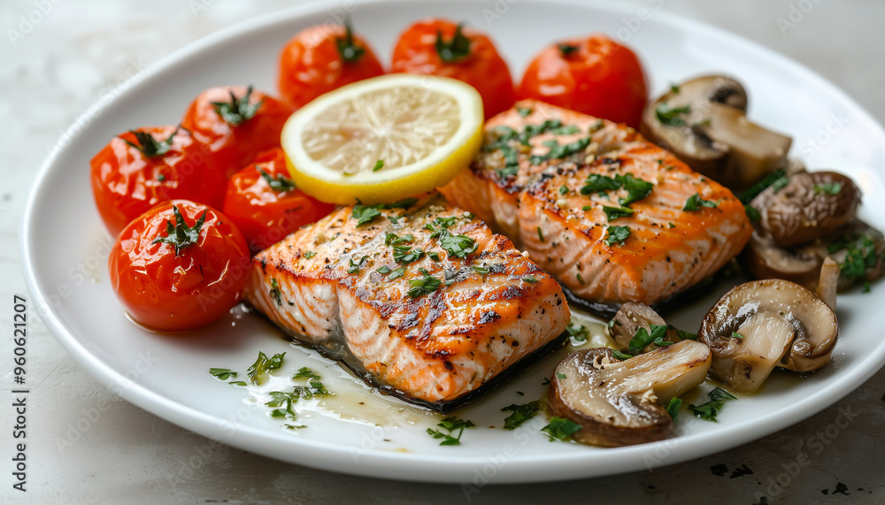 A plate of fresh grilled salmon fillet with stewed tomatoes and mushrooms on the side. A delicious restaurant dish A plate of fresh grilled salmon fillet with stewed tomatoes and mushrooms on the side. A delicious restaurant dish