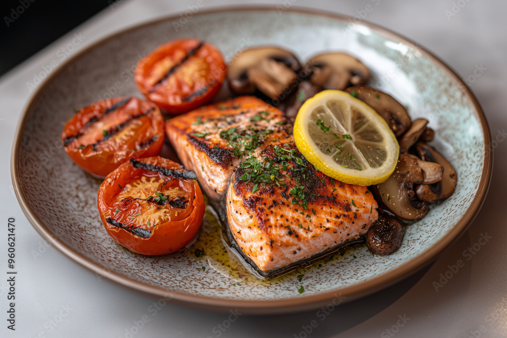 A plate of fresh grilled salmon fillet with stewed tomatoes and mushrooms on the side. A delicious restaurant dish A plate of fresh grilled salmon fillet with stewed tomatoes and mushrooms on the side. A delicious restaurant dish
